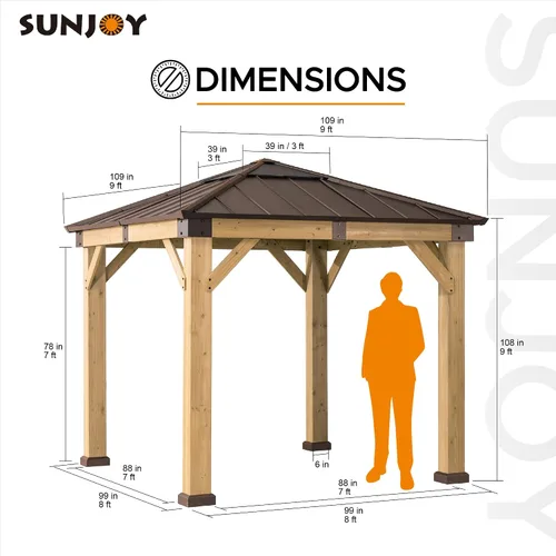 Vista 8 de Kiosco con techo rígido Sunjoy de 9 x 9 pies. Gazebo de madera con estructura de cedro mejorado con techo de acero marrón y policarbonato a dos