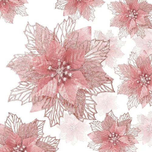 Vista 9 de Geosar 24 piezas de flores de Pascua con purpurina para Año Nuevo, flores artificiales en capas, adornos para árbol de boda y Año Nuevo, 3/4/6 Azul