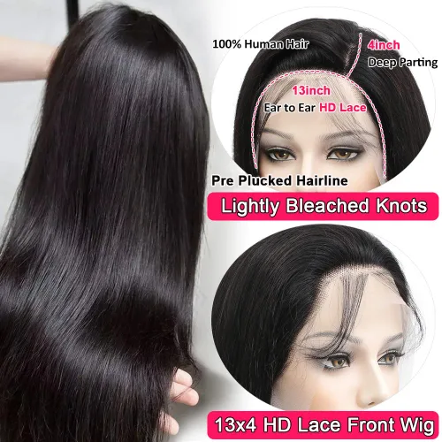 Vista 2 de Pelucas de cabello humano brasileño lacio 9A con encaje frontal HD de 13 x 4 pulgadas, prearrancado con abuelitos, densidad del 180%, línea capilar