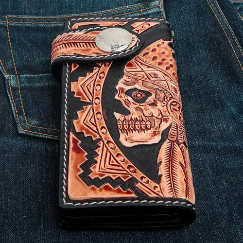 Vista 2 de Billetera de cuero genuino con diseño de calavera india