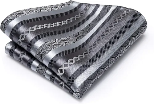 Vista 116 de Hi-Tie Corbatas de seda para hombre, diseño de cachemira a rayas, con bolsillo, gemelos cuadrados, conjunto formal de negocios