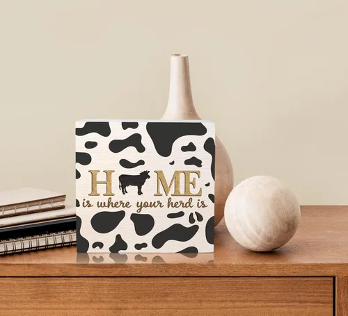 Vista 4 de Cartel de madera con estampado de vaca, decoración de caja de madera con texto en inglés "Farm Inspiration" con texto en inglés "Farm Inspiration