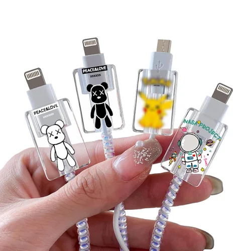 Vista 22 de Bonito protector de cable floral para cargador de iPhone, patrón de lavanda, camelia, girasol, ramo de flores, encaje, cerezo en flor, set de 6