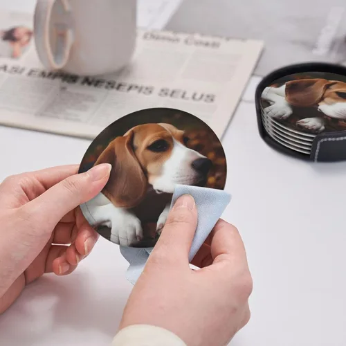 Vista 5 de Juego de 6 posavasos redondos de Beagle con soporte para bebidas, protector de mesa, almohadilla para el hogar y la cocina, juego de posavasos