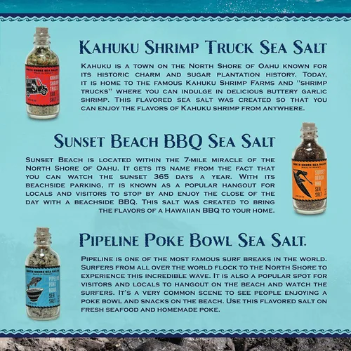 Vista 2 de Sea Salts of Hawaii North Shore - Paquete variado de sales marinas, 3-2 onzas. Botellas de sal marina - Pipeline Poke, Sunset Beach BBQ, camarones