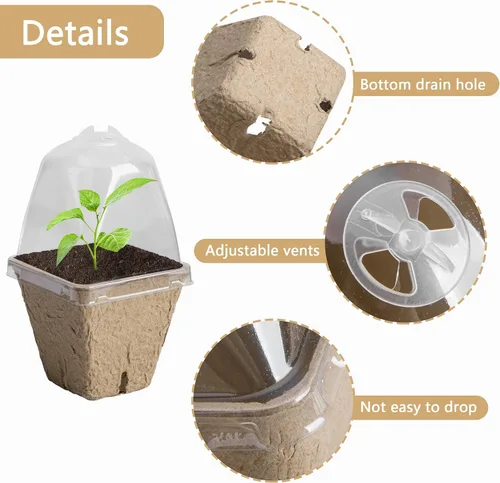 Vista 3 de PURPLE STAR 1N 20 macetas biodegradables para vivero con cúpula de humedad, maceta cuadrada de 2.3 pulgadas para plantar, macetas de turba