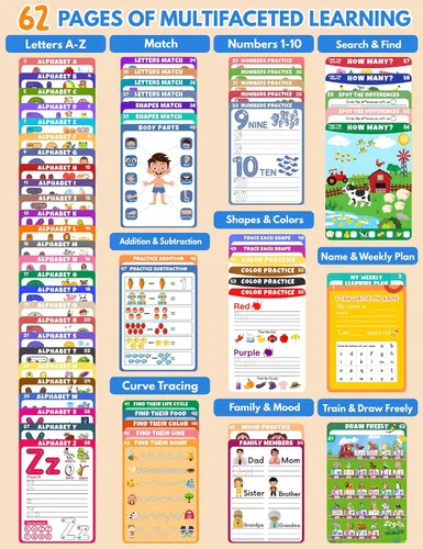 Vista 2 de Actividades de aprendizaje preescolar, 62 páginas reutilizables, libros de trabajo de prekindergarten, libros de seguimiento de letras de números