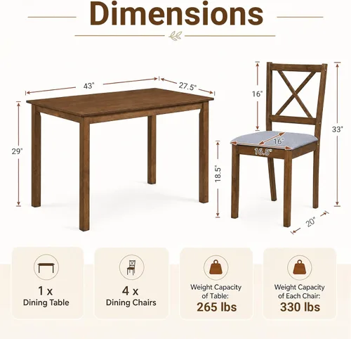 Vista 3 de GIANTEX Juego de mesa de comedor para 4, mesa de cocina de madera con sillas tapizadas