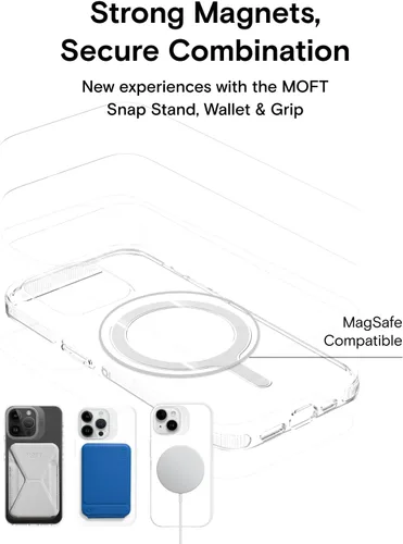 Vista 5 de MOFT Funda magnética para iPhone 15 Plus, antiamarilleamiento y arañazos, protección de grado militar, sin BPA, a prueba de golpes, transparente