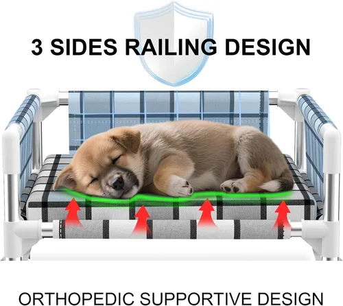 Vista 2 de Cama elevada elevada para perros al aire libre – Cuna fresca y lavable para perros con barandilla, cama de malla de algodón duradera y transpirable