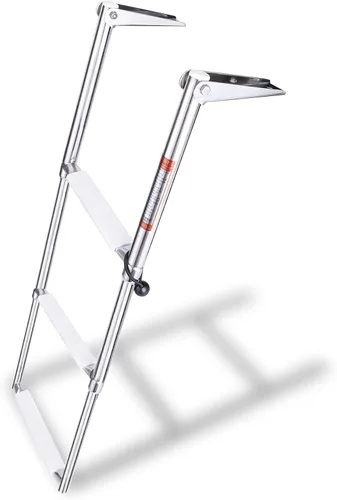 Vista 7 de Young Marine Escalera telescópica y plegable de acero inoxidable para barco con estribo de plástico blanco, montaje sobre plataforma