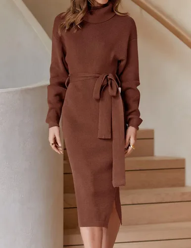 Vista 82 de ZESICA - Vestido por debajo de la rodilla de suéter, de cuello alto, para mujer, de manga larga, de punto acanalado, con abertura y cinturón