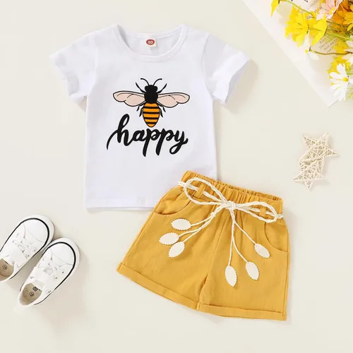 Vista 2 de YOUNGER TREE - Conjunto de ropa para bebés y niñas, camiseta de sandía y pantalones cortos de lino con cinturón, conjunto de verano lindo Abeja feliz