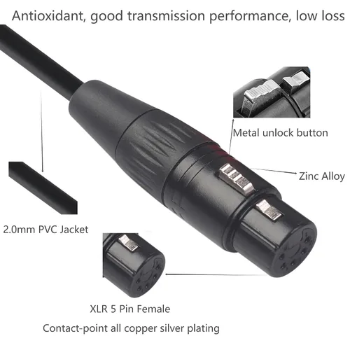 Vista 5 de XLR Adaptador de audio macho de 3 pines a 5 pines hembra Cable DMX Cable de altavoces Cable para micrófono DMX Luz de escenario -1M/3.3FT
