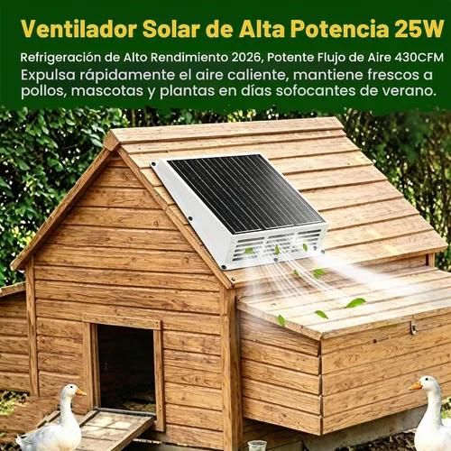 Vista 2 de Ventilador de escape solar de 25 W para gallinero con cable adaptador