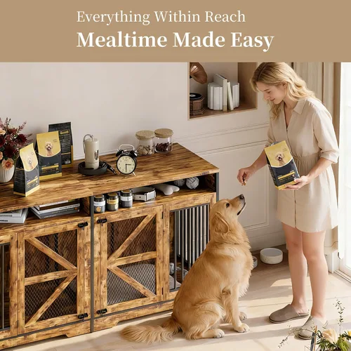 Vista 6 de Donox Mueble de jaula para perros para 1 o 2 perros, doble perrera con divisor extraíble y puertas dobles, mesa consola de madera resistente