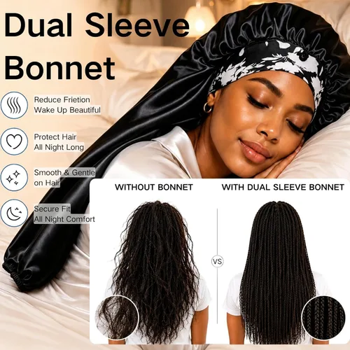 Vista 5 de Isshin Beauty Gorro de satén para mujeres durmientes: doble manga 2 en 1, protector de pelo largo antiencrespamiento Negro y café