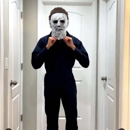 Vista 5 de Gorbgle Máscara de Michael Myers, máscara de látex para Halloween para hombres y adultos, disfraz de cosplay espeluznante, máscara de cabeza