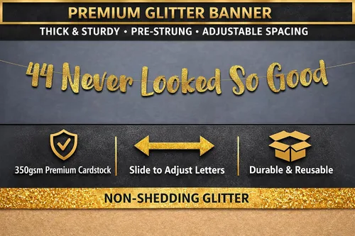 Vista 3 de Cartel dorado con purpurina preencordada del número 44 «Never Looked So Good» – Decoraciones de cumpleaños 44 y aniversario para hombres y mujeres