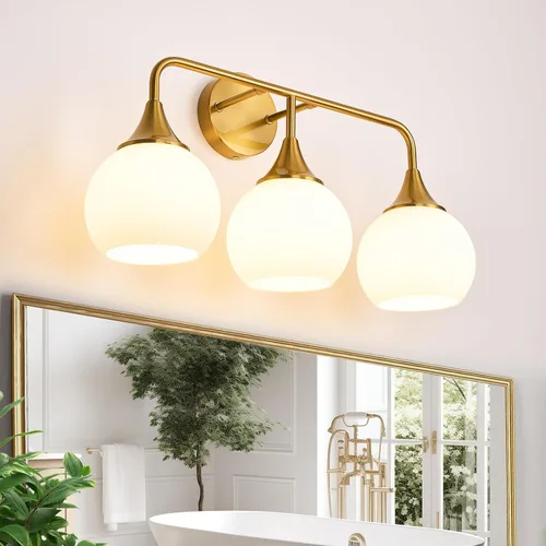 Vista 9 de Lámparas doradas de baño con 2 luces de tocador con pantalla de vidrio blanco leche, luces de tocador para baño, aplique de pared moderno para baño