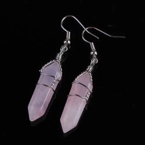 Vista 3 de Amatista de cristal curativo natural envuelta en alambre, chakra hexagonal gancho colgante ojo de tigre para mujer, joyería TQ42E (ópalita ópala)