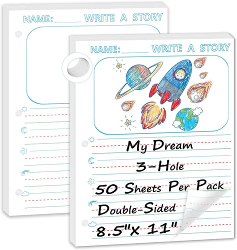 Vista 9 de 50 hojas de papel de escritura de historias de 8.5 x 11 pulgadas para niños, papel de dibujo y escritura de hojas sueltas de 3/4 pulgadas de regla