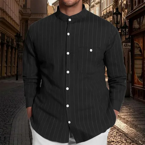 Vista 2 de Camisa de lino para hombre, manga larga, casual, a rayas, con botones, para playa, verano y boda