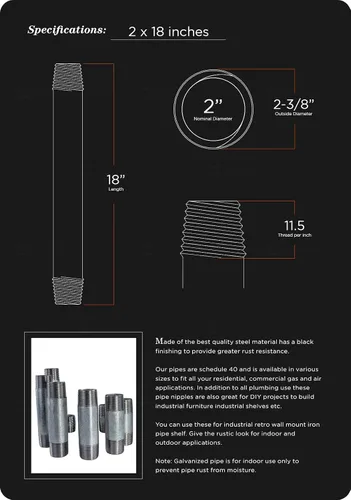 Vista 3 de Supply Giant Tubo galvanizado de 2 pulgadas, tuberías de acero maleable de dos pulgadas, montaje de muebles vintage de bricolaje, 2 x 18 pulgadas
