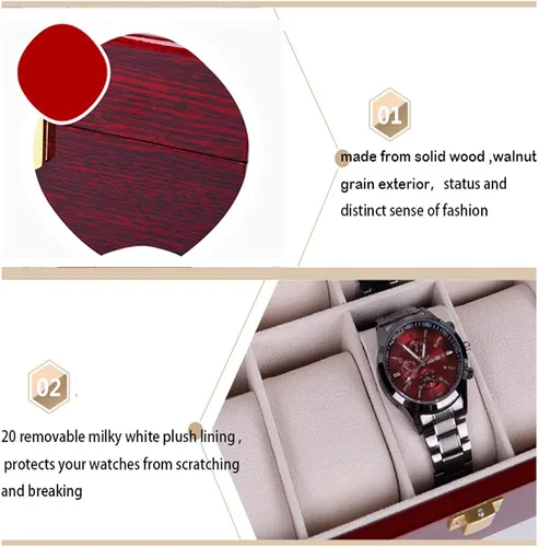 Vista 4 de Caja de almacenamiento para relojes de madera con 20 ranuras y tapa de cristal para joyas, con 20 cojines extraíbles y suaves para hombres y mujeres