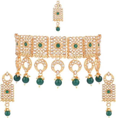 Vista 4 de Efulgenz Indian Jewelry Set Kundan Crystal Choker Necklace Dangle Earrings Maang Tikka Head Chain Bollywood Wedding Jewelry for Women
