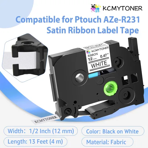 Vista 2 de Paquete de 3 cintas de satén compatibles con Ptouch TZe-R231 TZ-R231 TZe de 0.472 in, 0.47 pulgadas, cinta de tela negra sobre blanca para Ptouch