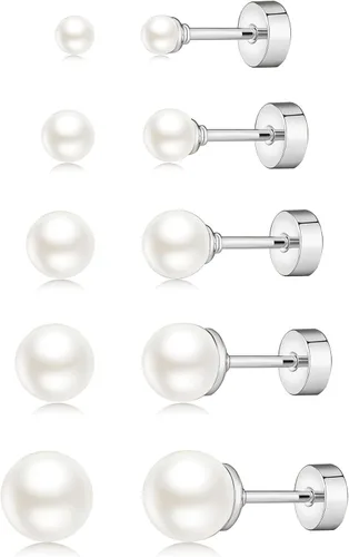 Vista 13 de JINEAR 5 pares de aretes de tuerca para mujer, chapados en oro/plata de 14K, perla, aretes pequeños tipo bola, conjunto de piercing de cartílago 1