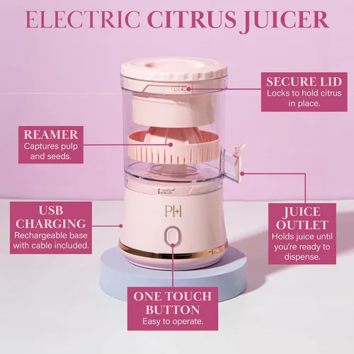 Vista 4 de Exprimidor Eléctrico de Cítricos Paris Hilton, Mini Exprimidor Portátil Inalámbrico con Base Recargable USB, Botón de Un Toque, Exprimidor Compacto