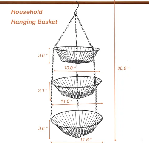 Vista 3 de JUNCHU CHERRY Cesta colgante de frutas de 3 niveles, 2 paquetes, almacenamiento para colgar en la pared, cesta de organización de cocina y baño