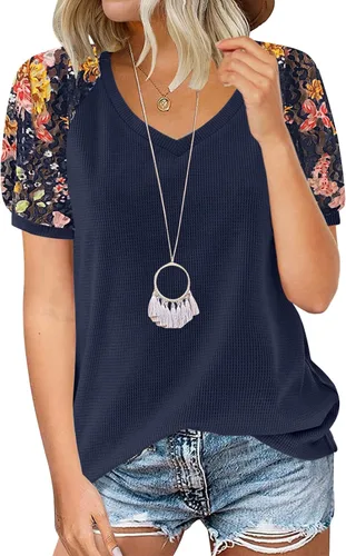 Vista 9 de MIHOLL - Blusa de manga corta con cuello en V y encaje para mujer, estilo casual holgado 01_ Negro