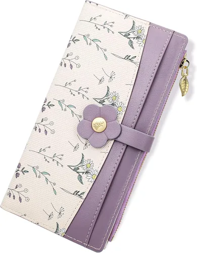 Vista 23 de Farcauo Billetera para mujer, billetera delgada para mujer, linda cartera delgada Kawaii con flores para mujer, tarjetero para mujer, Cartera