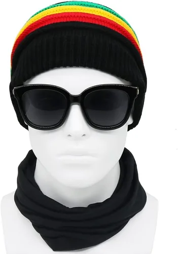 Vista 5 de Gorra unisex de Jamaica Reggae Rasta Slinky Beanie Multicolor a rayas Slouchy Baggie Beanie Skullies Gorro Rasta Hat, Negro