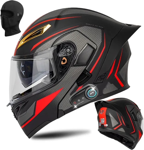 Vista 10 de Casco modular Bluetooth para motocicleta, certificado DOT, abatible, de cara completa, antivaho, doble máscara, casco de motocicleta de calle