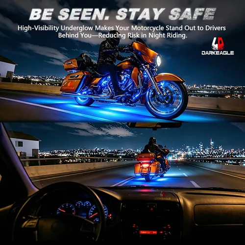 Vista 5 de 8 kits de luces LED RGB segmentadas para motocicleta con control remoto APP/RF, luces subterráneas multicolor con señal de giro de freno, tira