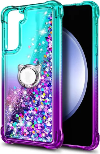 Vista 3 de Funda compatible con Samsung Galaxy S24-FE Aqua/Purple Funda líquida flotante con purpurina linda con protector de pantalla de vidrio templado