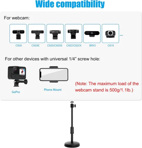 Vista 6 de Webcam Stand for Desk, 12.5 Inch Webcam Tripod Computer Camera Stand Webcam Mount with Phone Holder Desktop Web Cam Mount for Logitech C920 C922