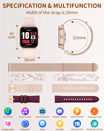 Vista 7 de Relojes inteligentes para mujer (Android/iPhone) batería de 20 días, 4 correas, rastreadores de fitness HD de 1.85 pulgadas con llamadas