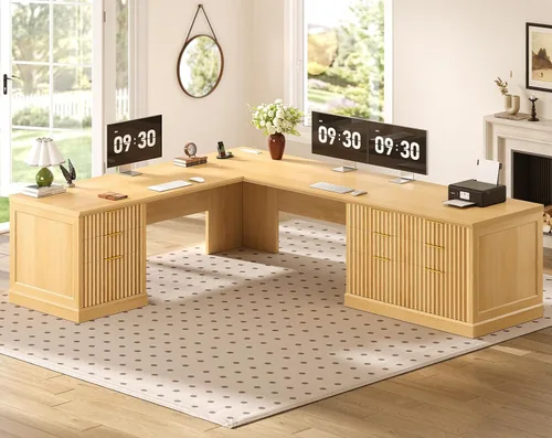 Vista 35 de SEDETA Escritorio ejecutivo en forma de L de granja de 67 pulgadas con Negro+marrón