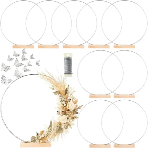 Vista 10 de Paquete de 10 aros florales con soporte de madera de 10 pulgadas, anillos de metal para centros de mesa de bricolaje, decoraciones de mesa