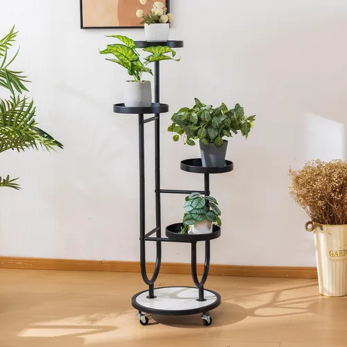 Vista 7 de CHPHI Soporte para plantas de hierro forjado de 4 niveles para interiores, estante alto de metal para múltiples plantas, soporte de metal con ruedas