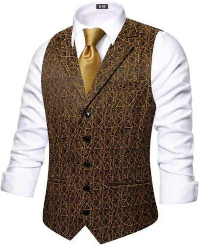 Vista 14 de Hi-Tie Chaleco de lana con solapa de muesca para hombre, chaleco individual marrón (C Brown)