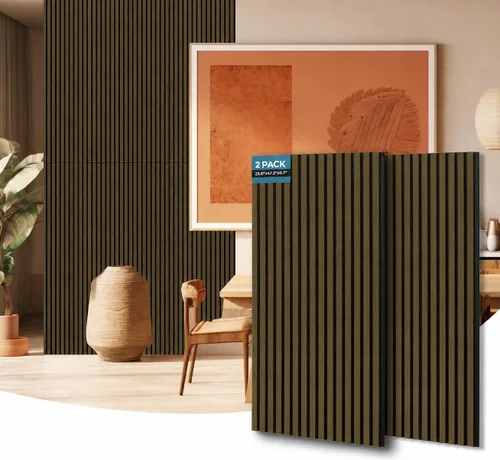 Vista 8 de AKUMAX Paquete de 2 paneles acústicos, listones de madera para pared y techo, paneles de espuma acústica de 96 x 24 pulgadas, paneles de pared 3D