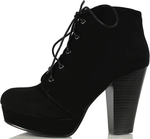 Vista 2 de Soda AGENDA Botines de plataforma para mujer, puntera redonda, tacón alto, con cordones, con cremallera lateral, Camello