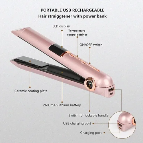 Vista 7 de Yinhing Alisador y rizador de pelo 2 en 1, carga USB inalámbrica, 3 temperaturas ajustables 165 185 205 con pantalla LED, para fino, medio corto