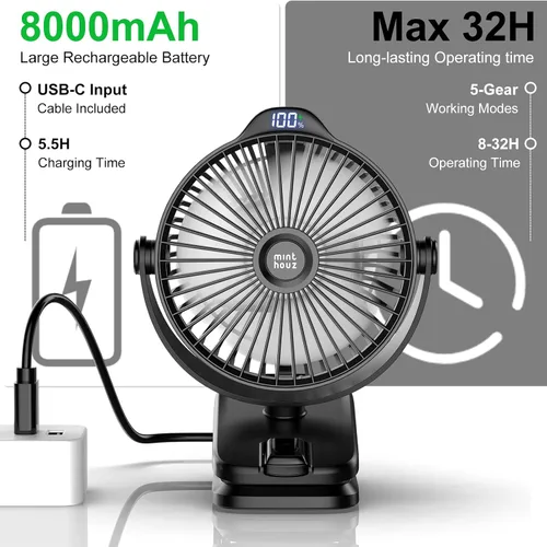 Vista 3 de Minthouz Ventilador de clip – Ventilador pequeño recargable USB C de 8000 mAh con indicador de nivel de batería, rotación de 720° de bajo ruido